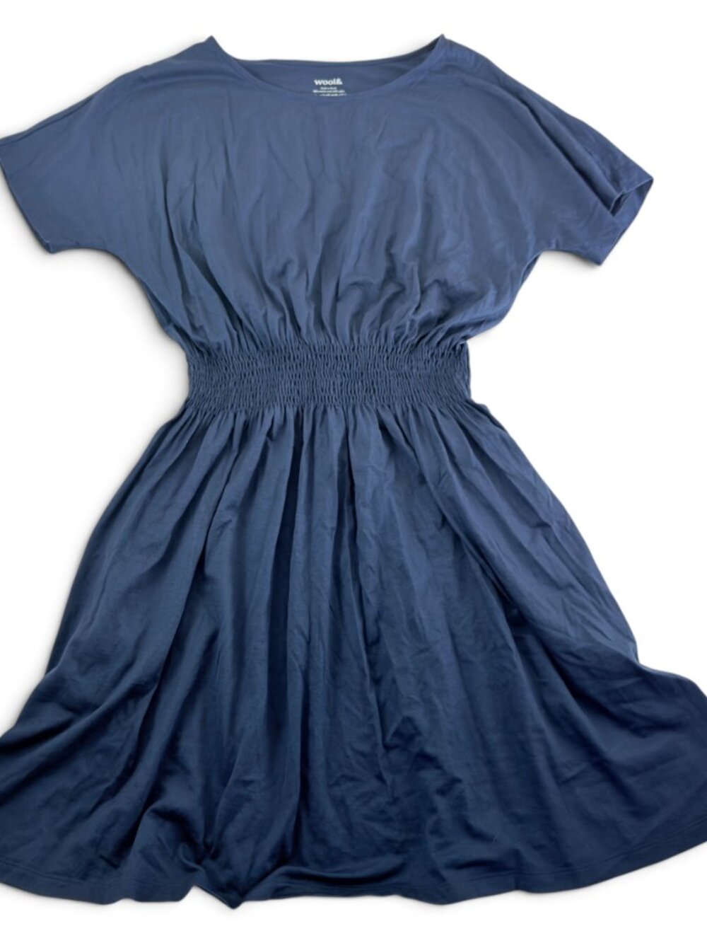 wool& norma smocked waist merino wool midi dress tin blue pockets xl